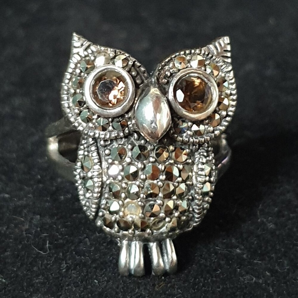 Vintage 925 Sterling Silver Marcasite Wise Owl Sparkling Ring – Size 6